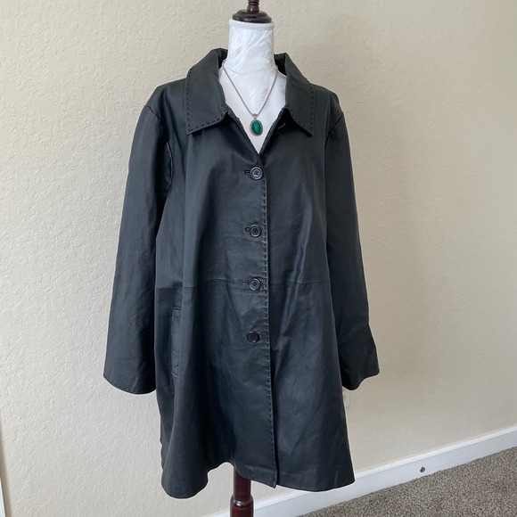 Jessica London Jackets & Blazers - Jessica London Black Leather Swing Coat 24W Plus Size 90s Chic Button Up Grunge